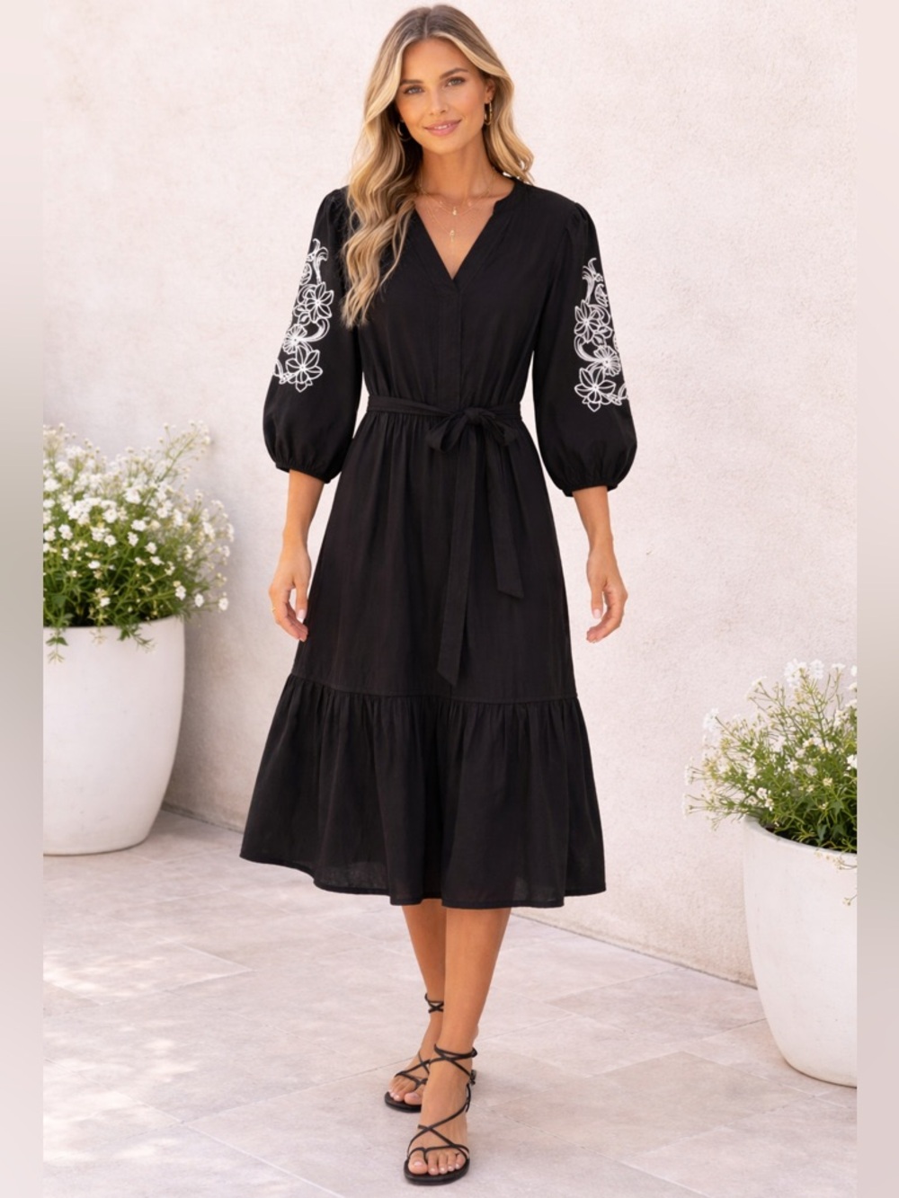 Draper James Black embroidered Balloon Sleeve Tiered Midi Dress